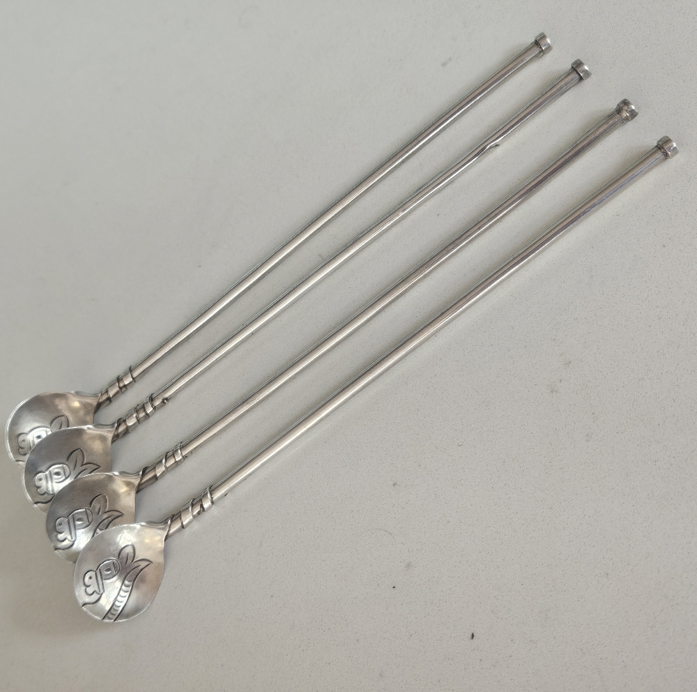 Vintage Beto Taxco Sterling Silver Ice Tea Straw Spoons 7" Set Of 4